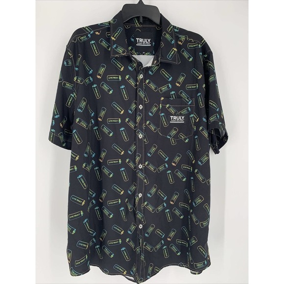 Truly Hard Seltzer Shirt Men 2XL XXL Black Neon Hawaiian Party Button Up Stretch - Picture 2 of 7